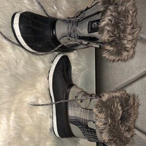 Women's Black and Gray Winter Boots with Faux Fur by [Brand]